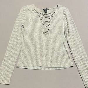 Gray Lace-Up Ribbed Sweater; very soft!